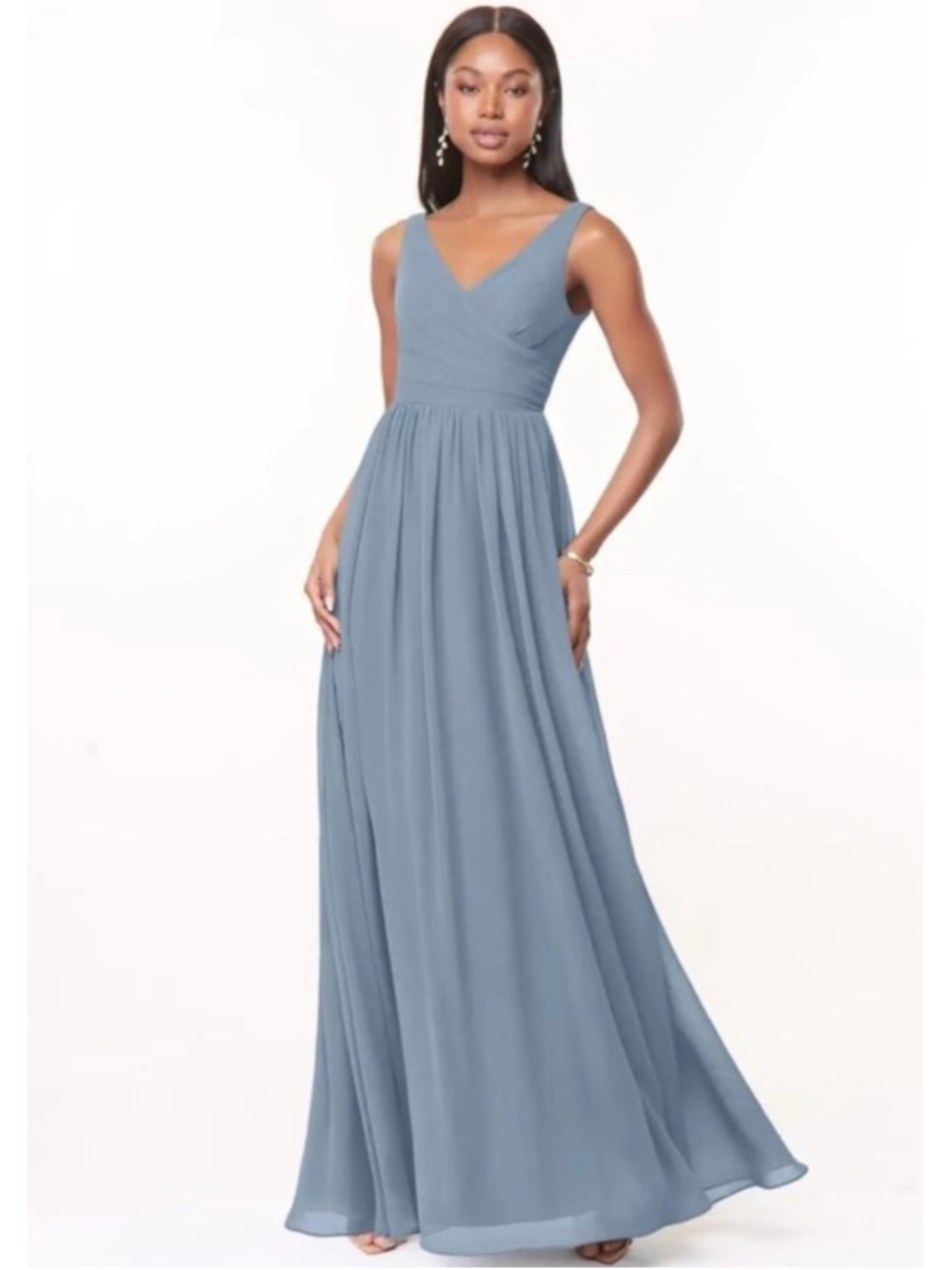 Azazie Keyla Blue V-Neck Pleated Chiffon Bridesmaid Maxi Dress Custom Size